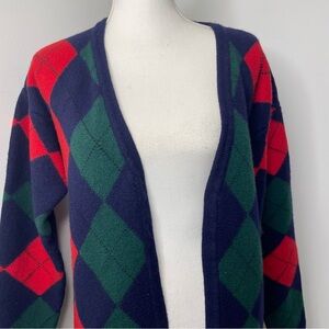 Vintage Carlisle Sport 100% Lambwool Open Cardigan Sweater Size Medium Argyle
